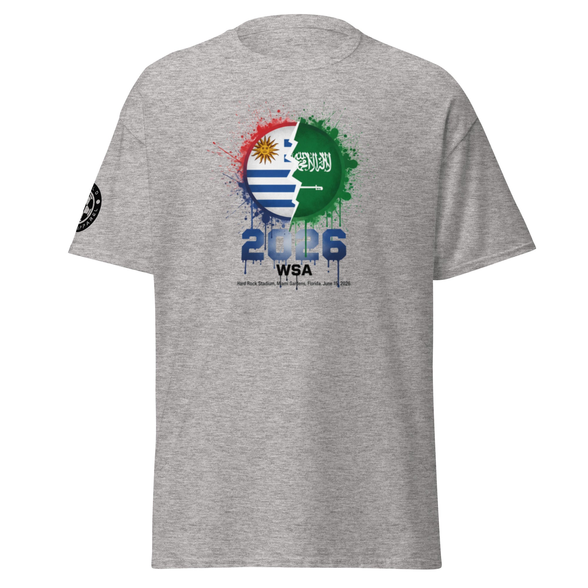 Gray t-shirt with a colorful graphic design on a white background