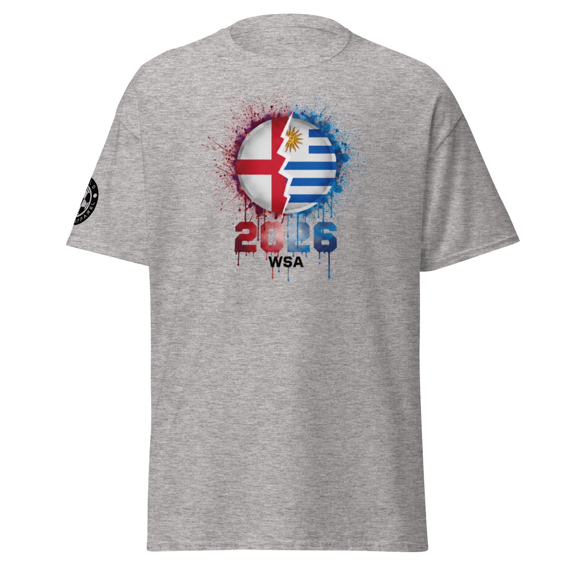 Gray t-shirt with a colorful graphic design on a white background