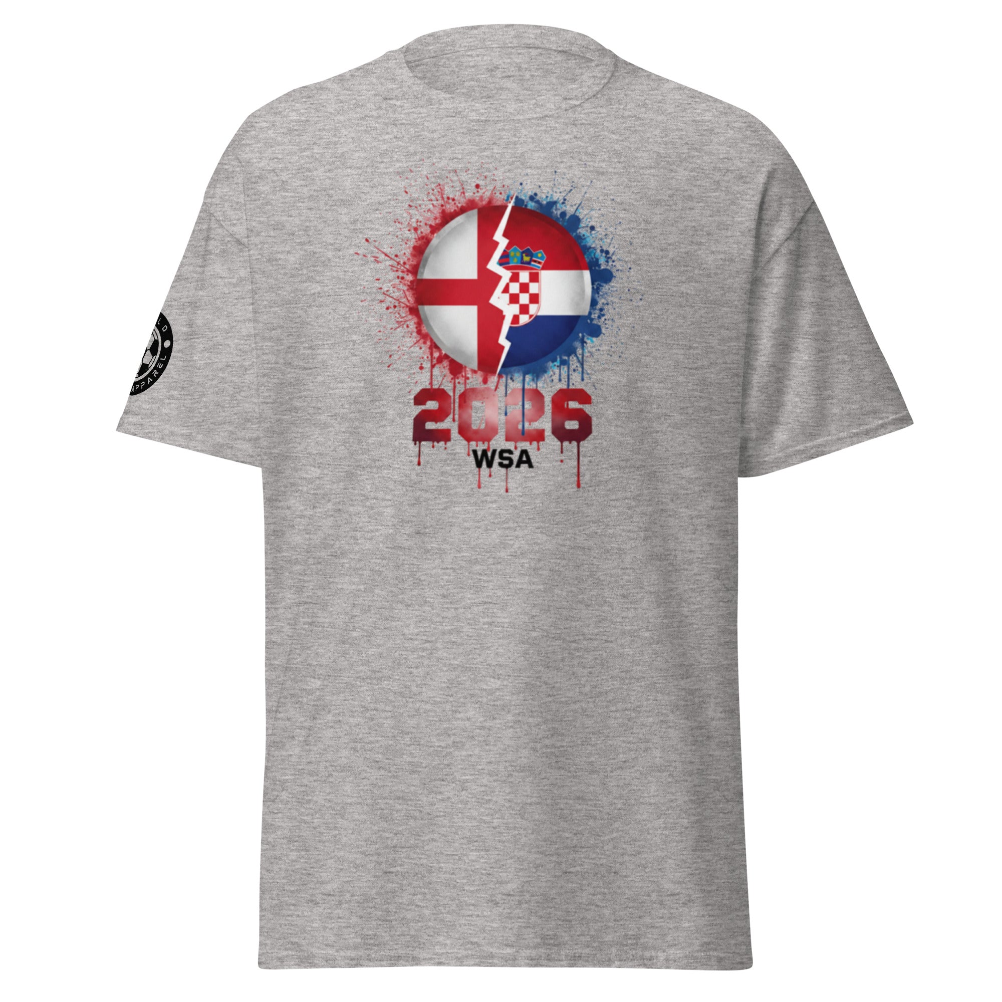Gray t-shirt with a graphic design featuring a flag and text on a white background