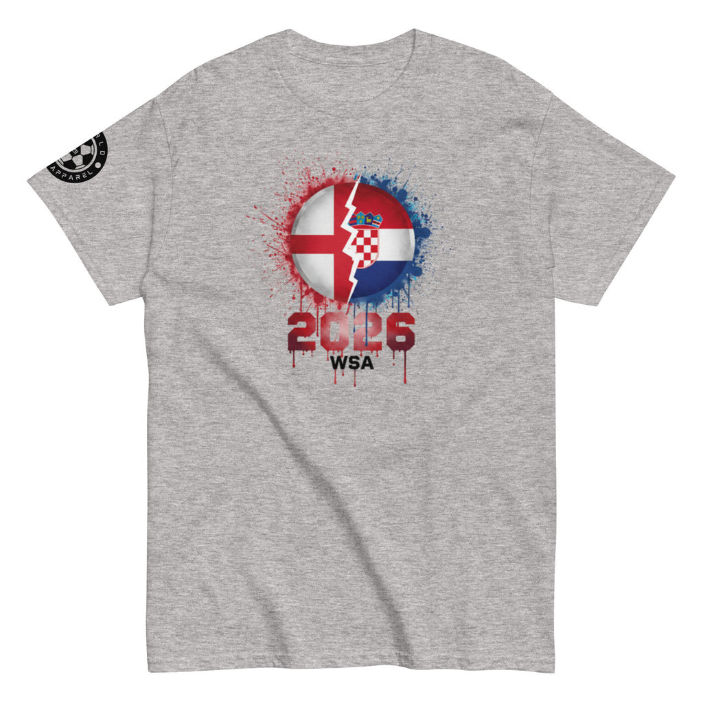Gray t-shirt with a graphic design featuring a flag and text on a white background
