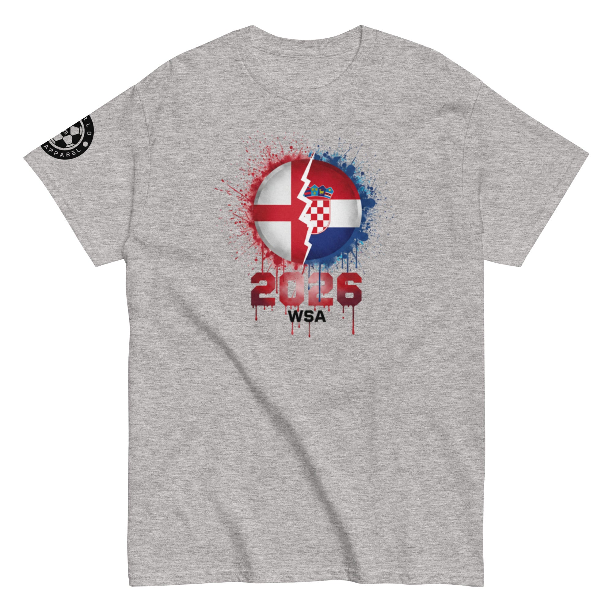 Gray t-shirt with a graphic design featuring a flag and text on a white background