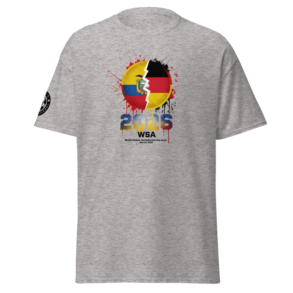 Gray t-shirt with a colorful graphic design on a white background
