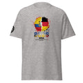 Gray t-shirt with a colorful graphic design on a white background