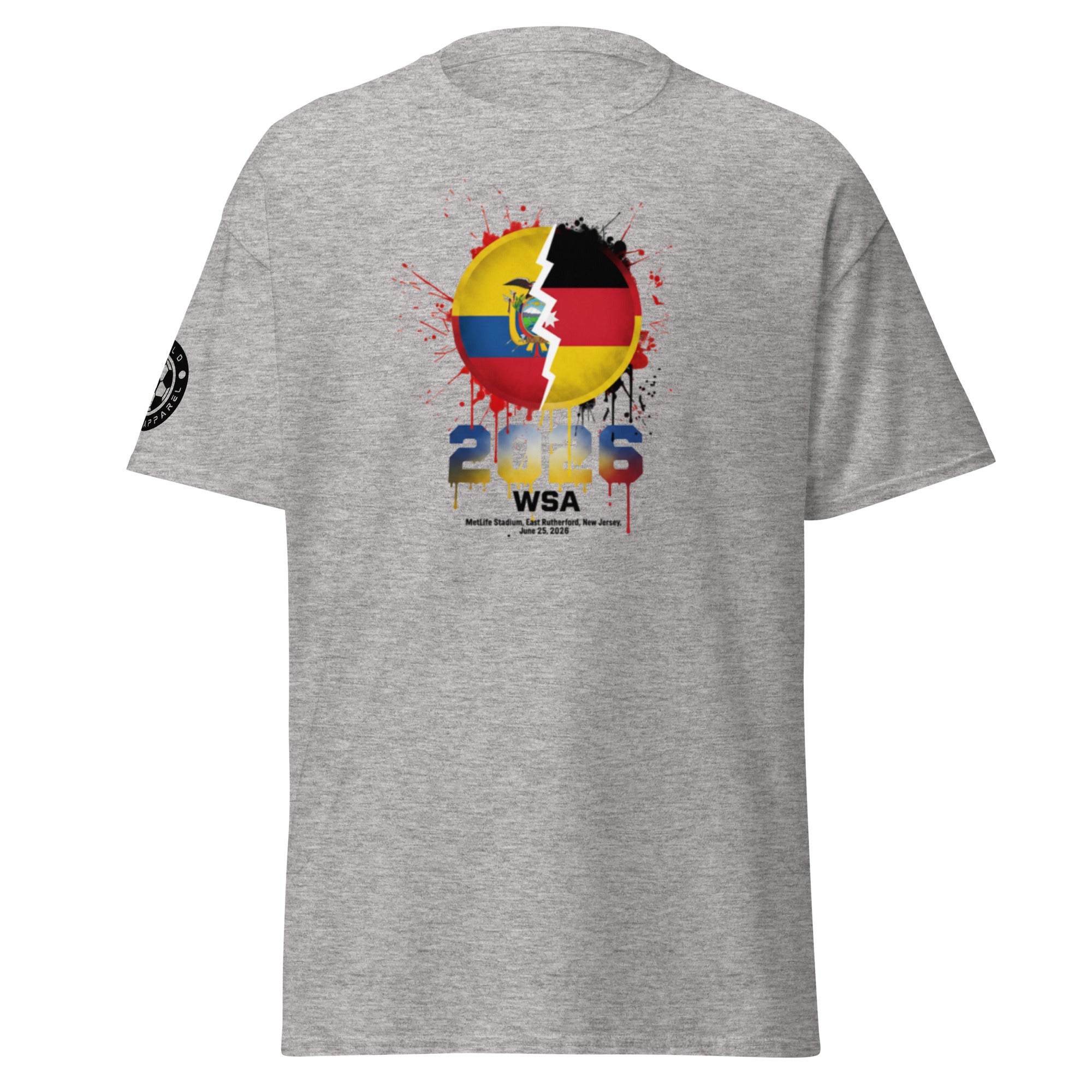 Gray t-shirt with a colorful graphic design on a white background