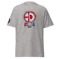 Gray t-shirt with a colorful logo and text on a white background