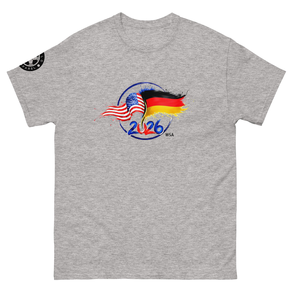 Gray t-shirt with 2026 World Cup design featuring American and German flags on a white background