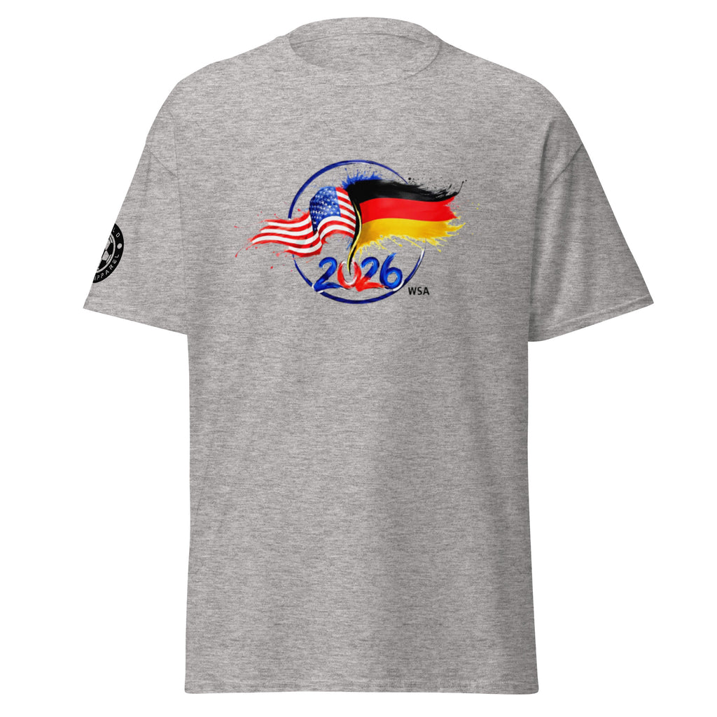 Gray t-shirt with American and German flag design on a white background