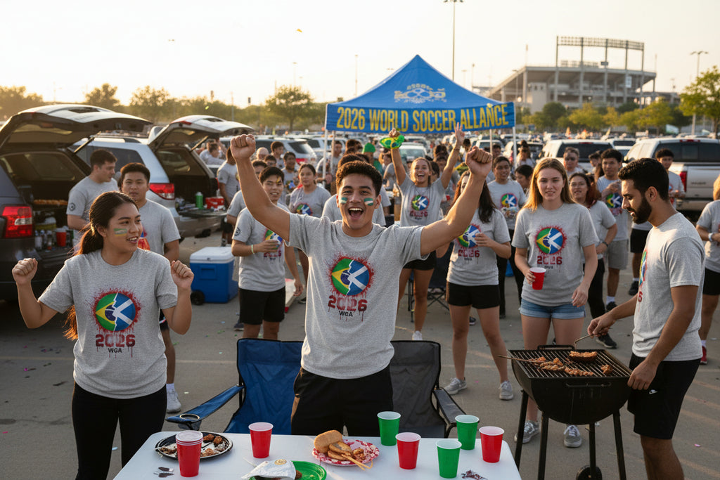 Gray t-shirt with a colorful graphic design on a white background