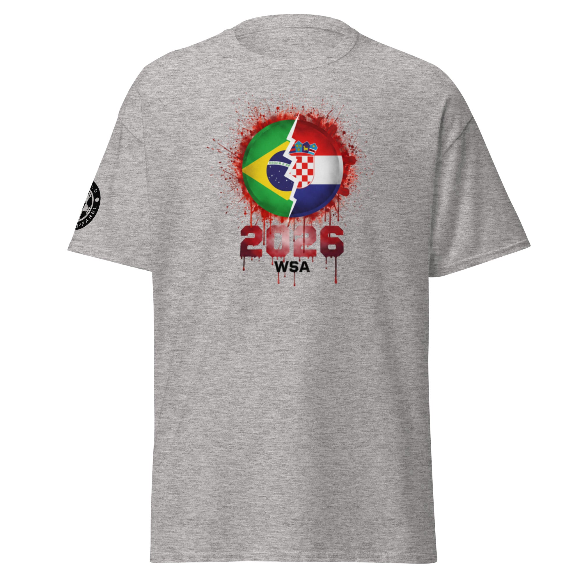 Gray t-shirt with a colorful graphic design on a white background