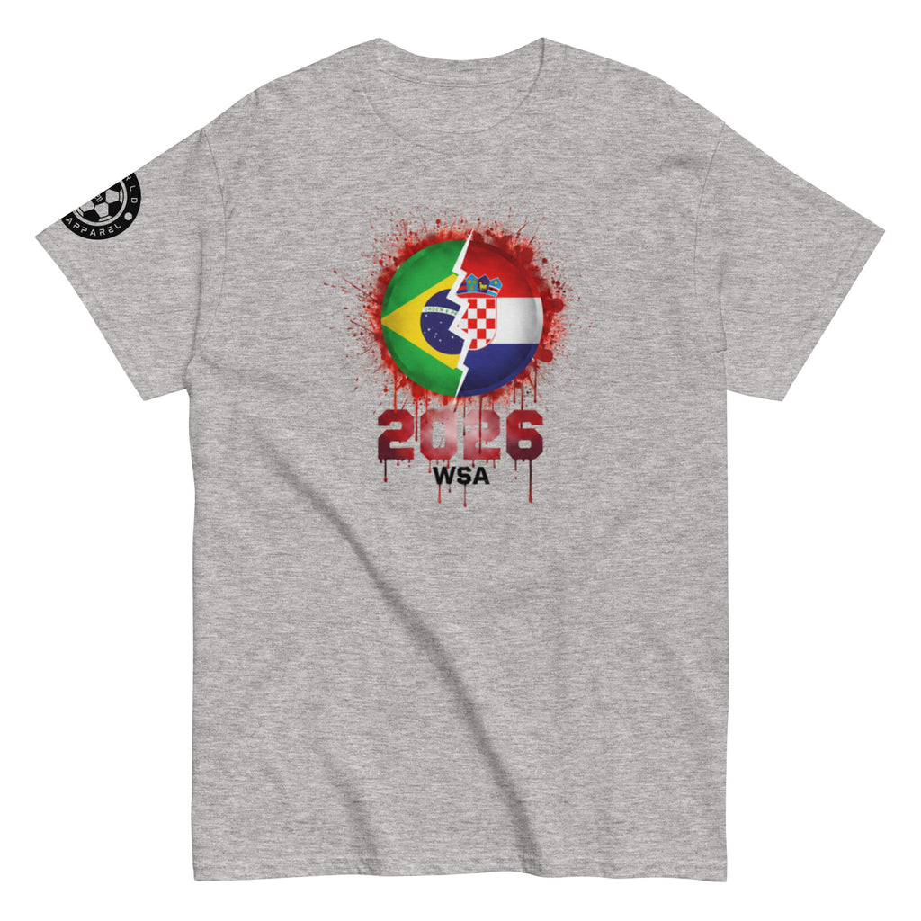 Gray t-shirt with a colorful graphic design on a white background