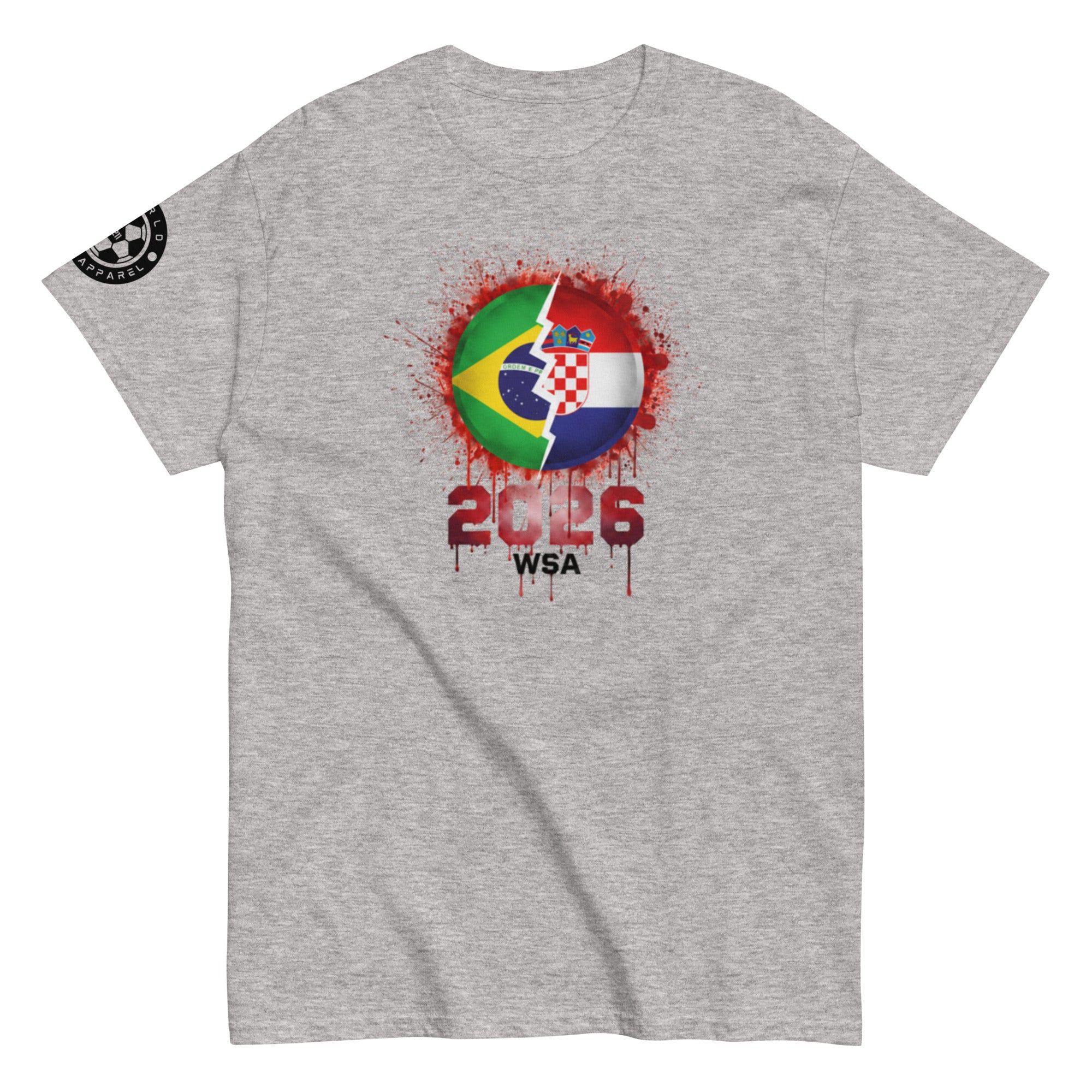 Gray t-shirt with a colorful graphic design on a white background