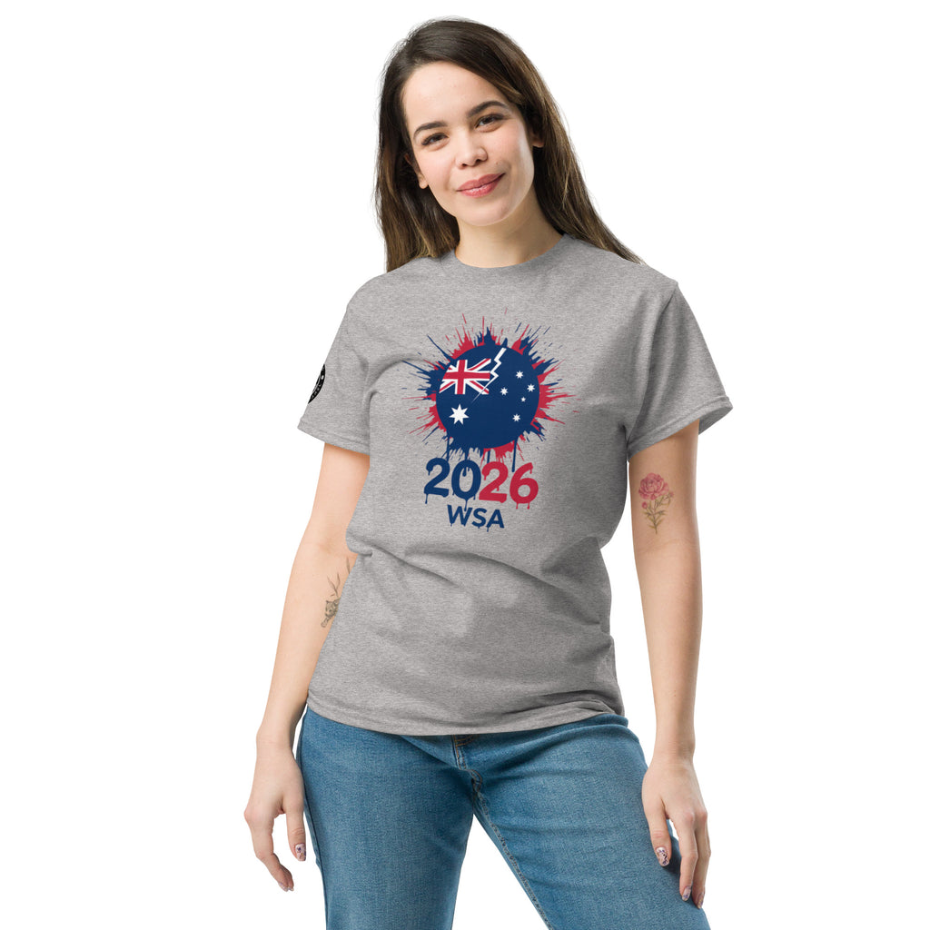 Woman wearing a gray t-shirt with 2026 WSA design on a white background