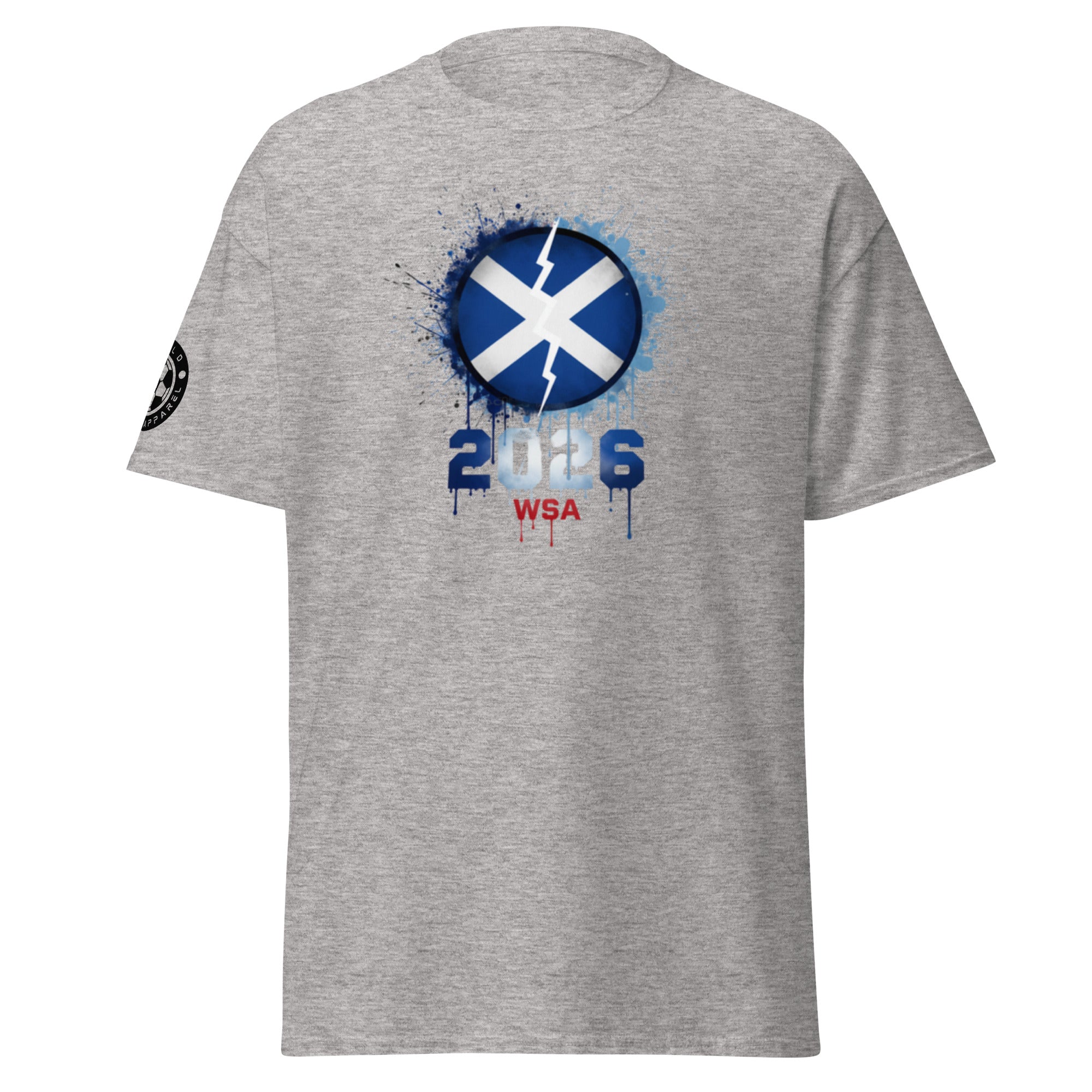 Gray t-shirt with a blue and white design featuring a saltire and text on a white background
