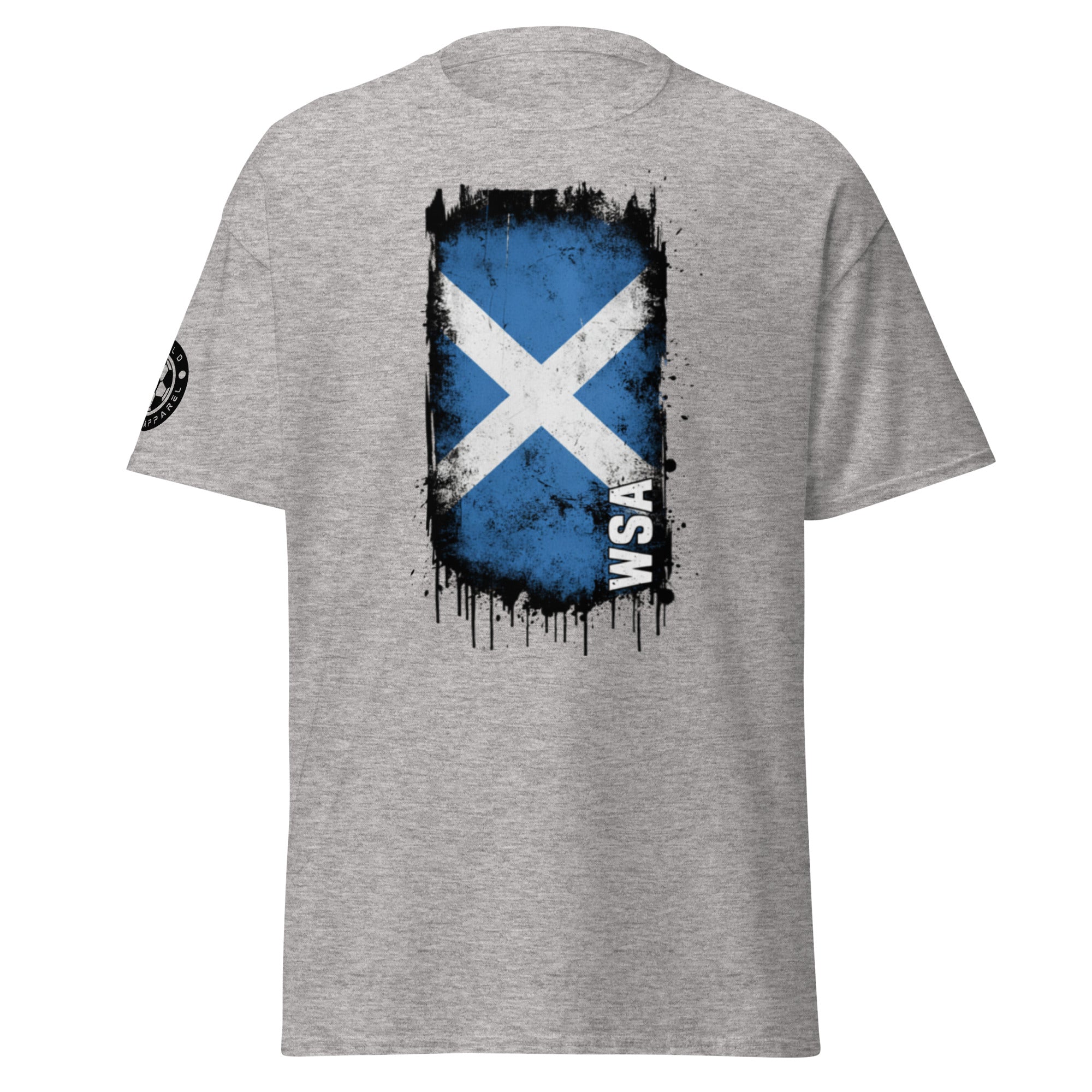 Gray t-shirt with a blue and white flag design on the back, on a white background
