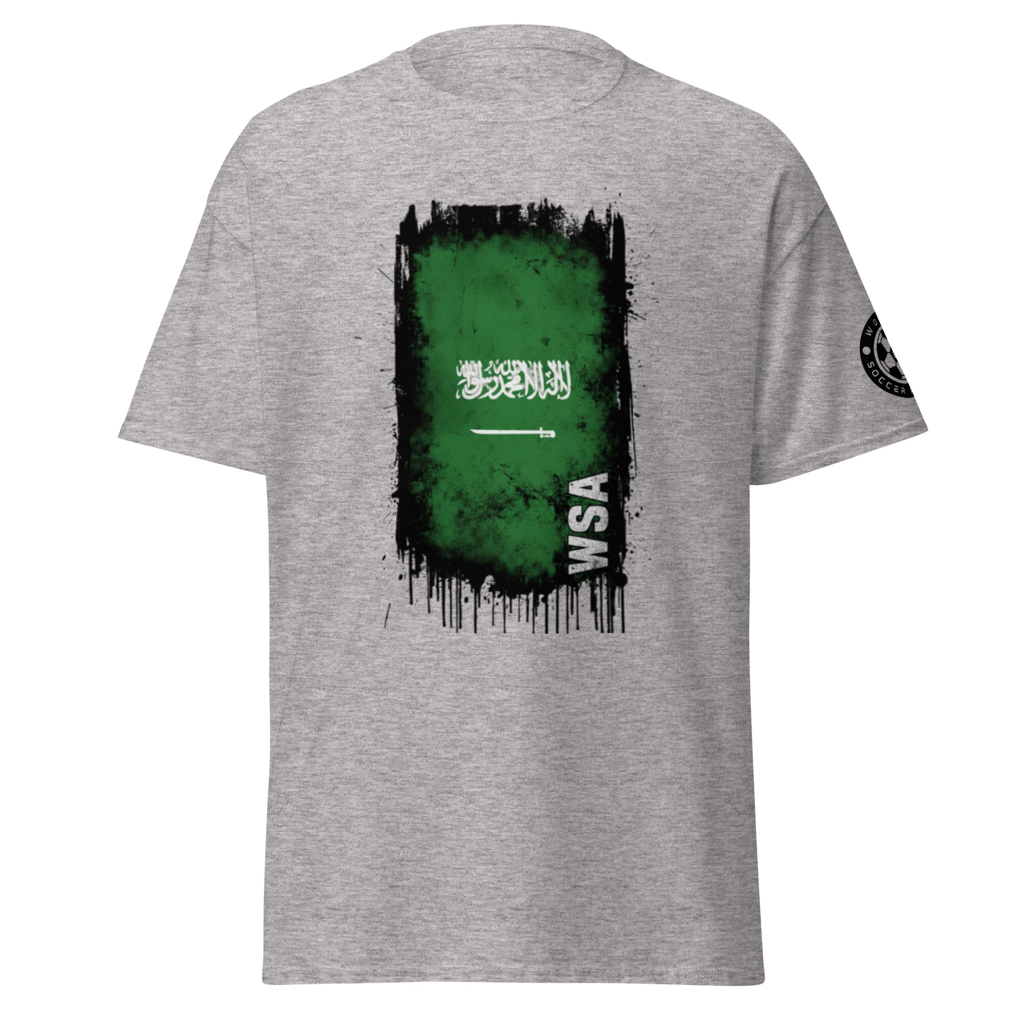Gray t-shirt with a green and black graphic design on a white background