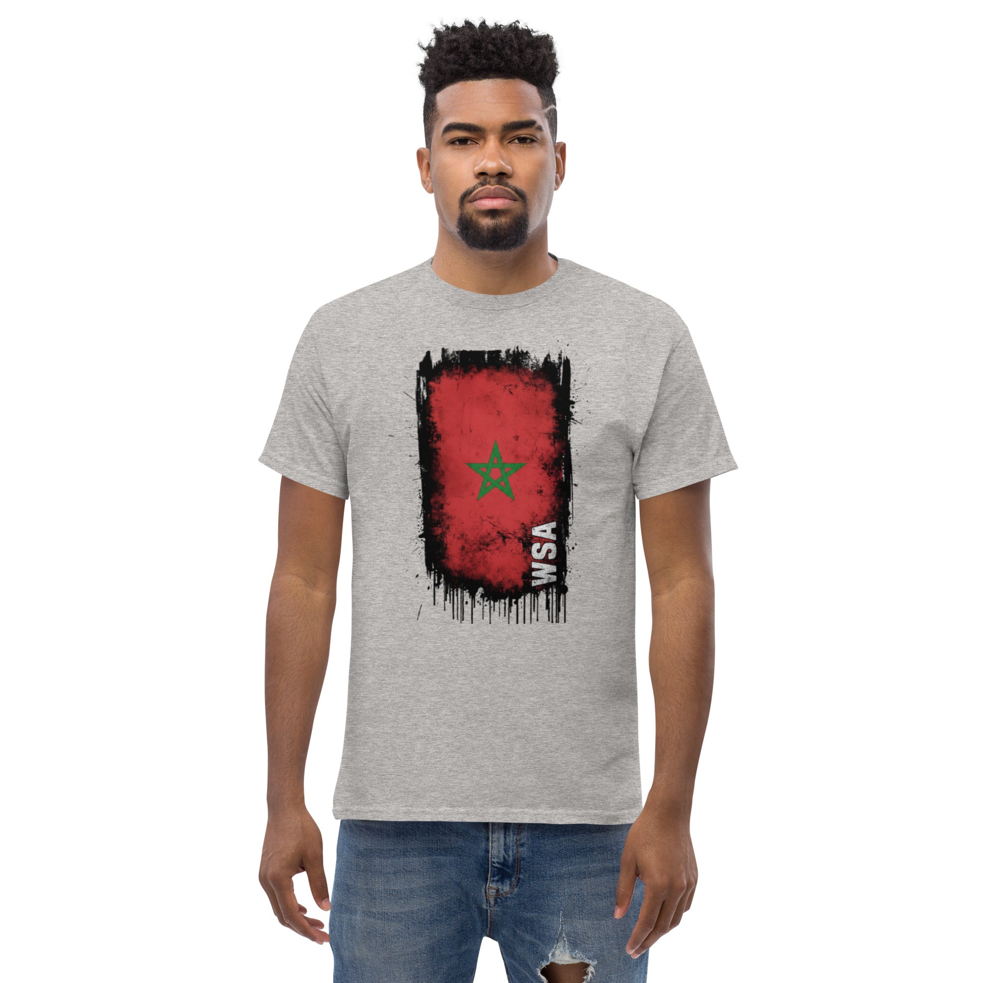 Man wearing a gray t-shirt with a red and black graphic design on a white background