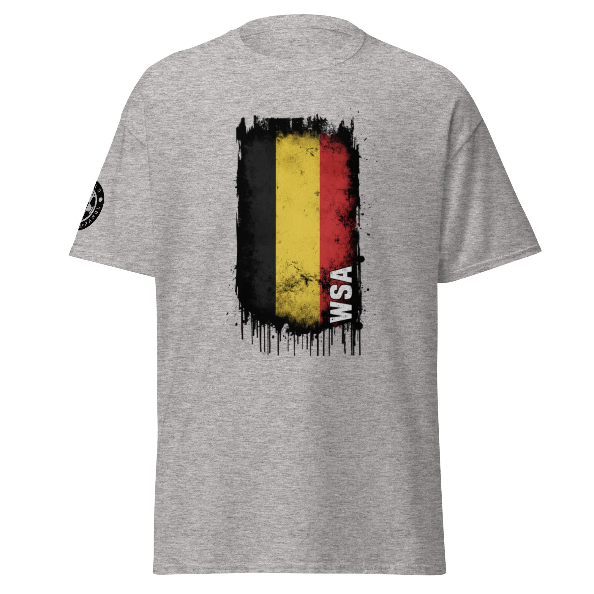 Gray t-shirt with a Belgian flag design and 'WSA' text on a white background
