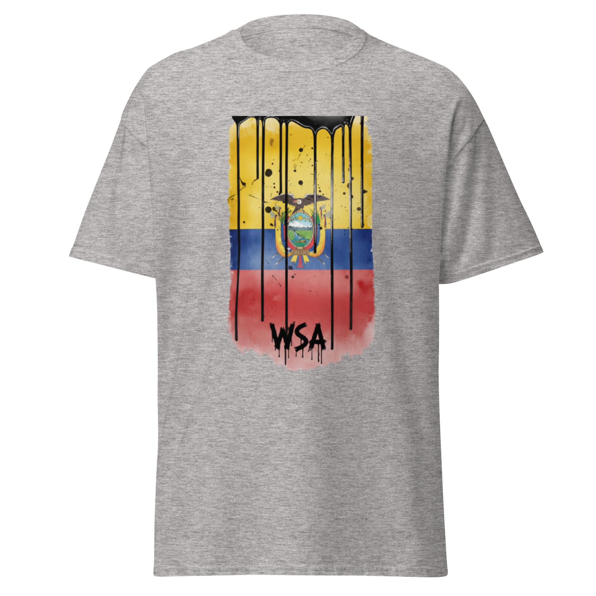Gray t-shirt with a colorful graphic design on the back featuring the letters 'WSA'.