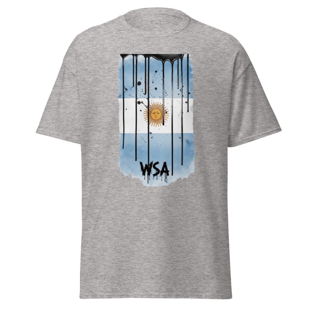 Gray t-shirt with a graphic design of an Argentine flag and 'WSA' text on a white background