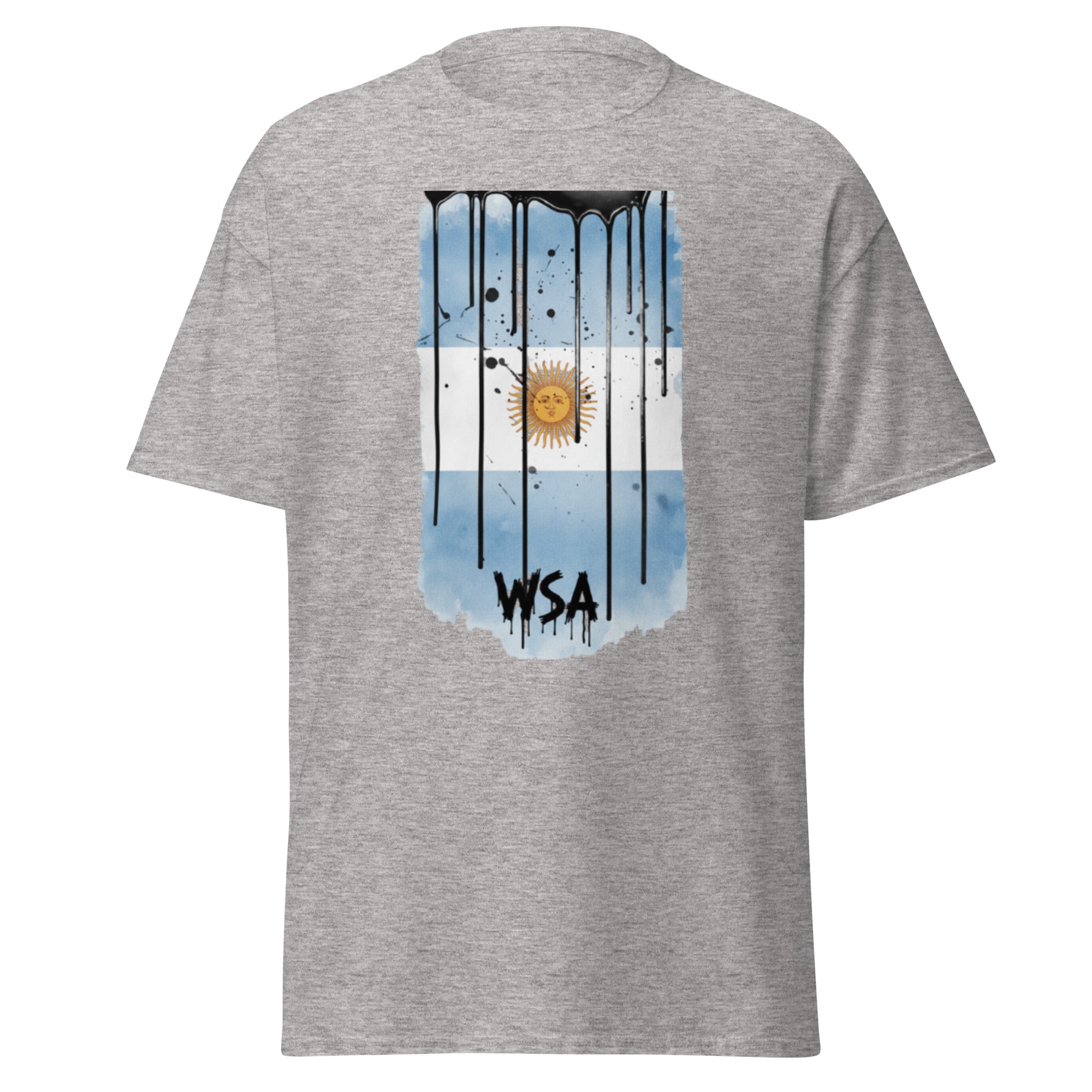 Gray t-shirt with a graphic design of an Argentine flag and 'WSA' text on a white background