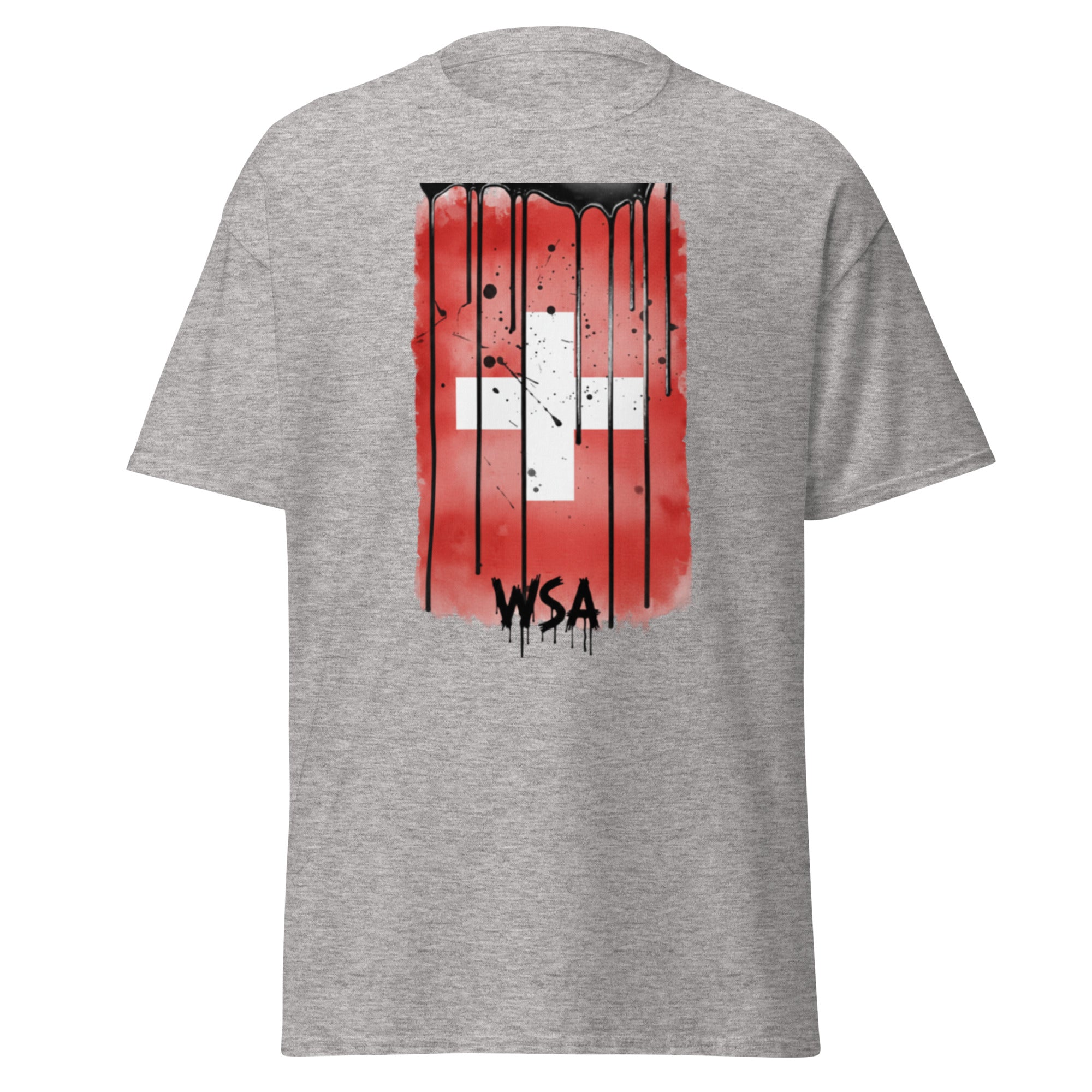 Gray t-shirt with a red and black graphic design on a white background