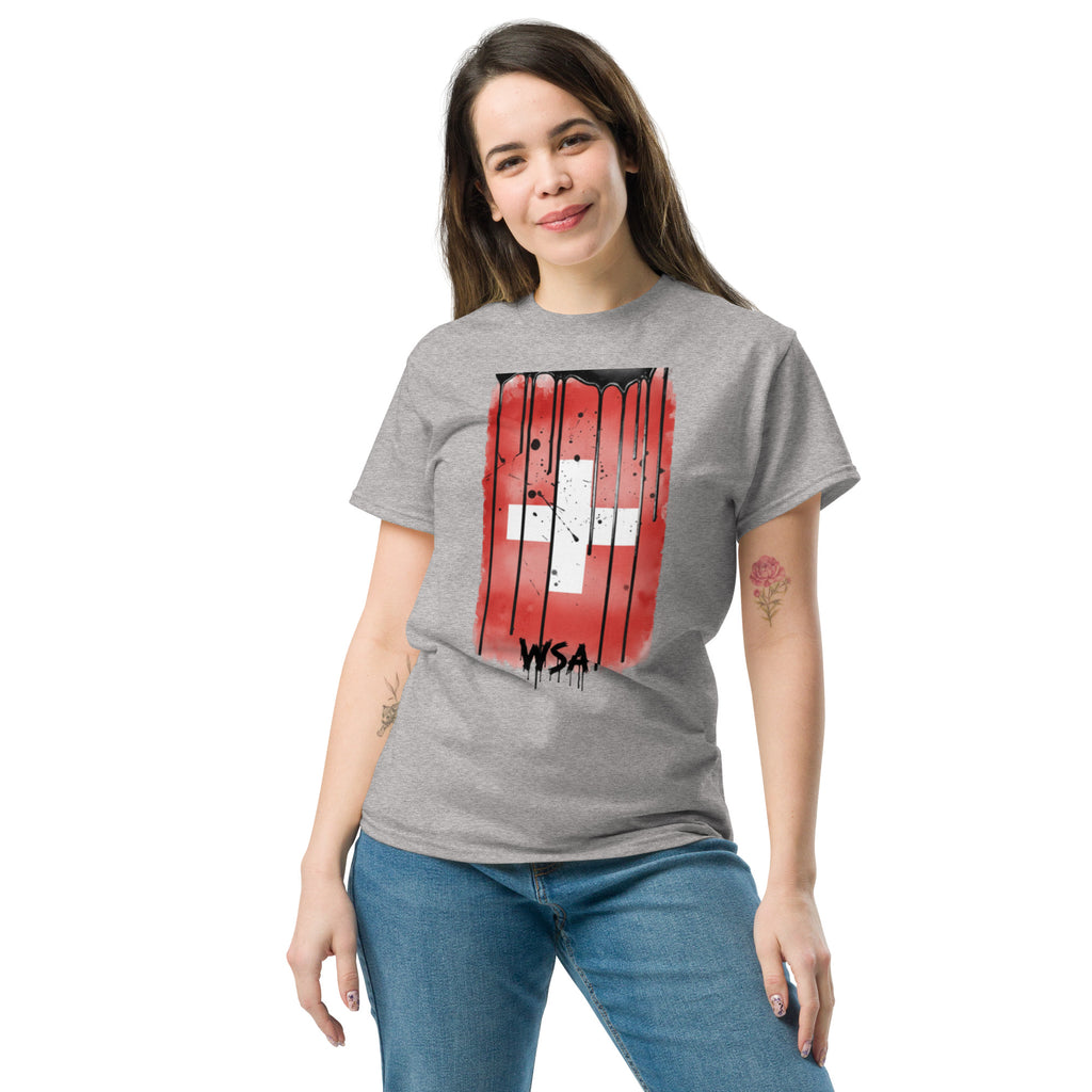 Woman wearing a gray t-shirt with a red and white graphic design on a white background