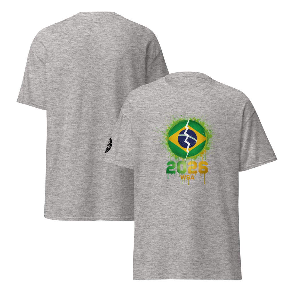 Gray t-shirt with Brazilian flag design and '2026' text on a white background