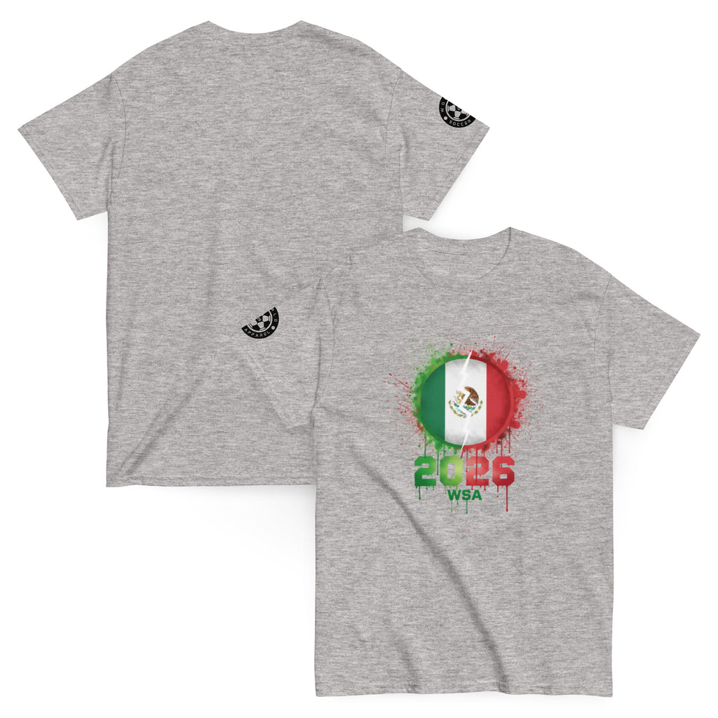 Gray t-shirt with Mexican flag design and '2026 WSA' text on a white background