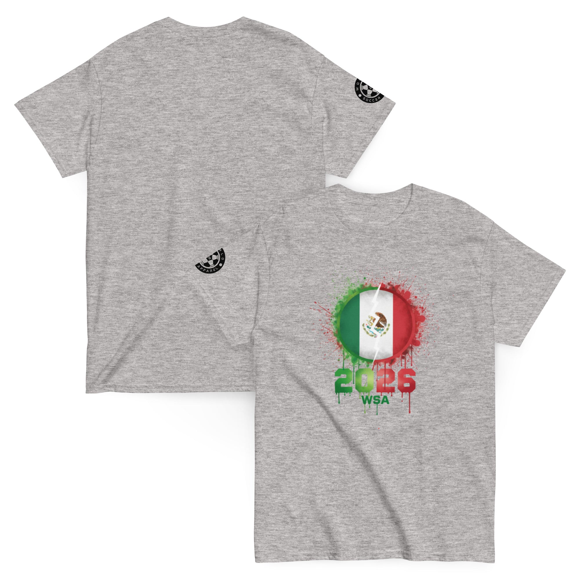 Gray t-shirt with Mexican flag design and '2026 WSA' text on a white background