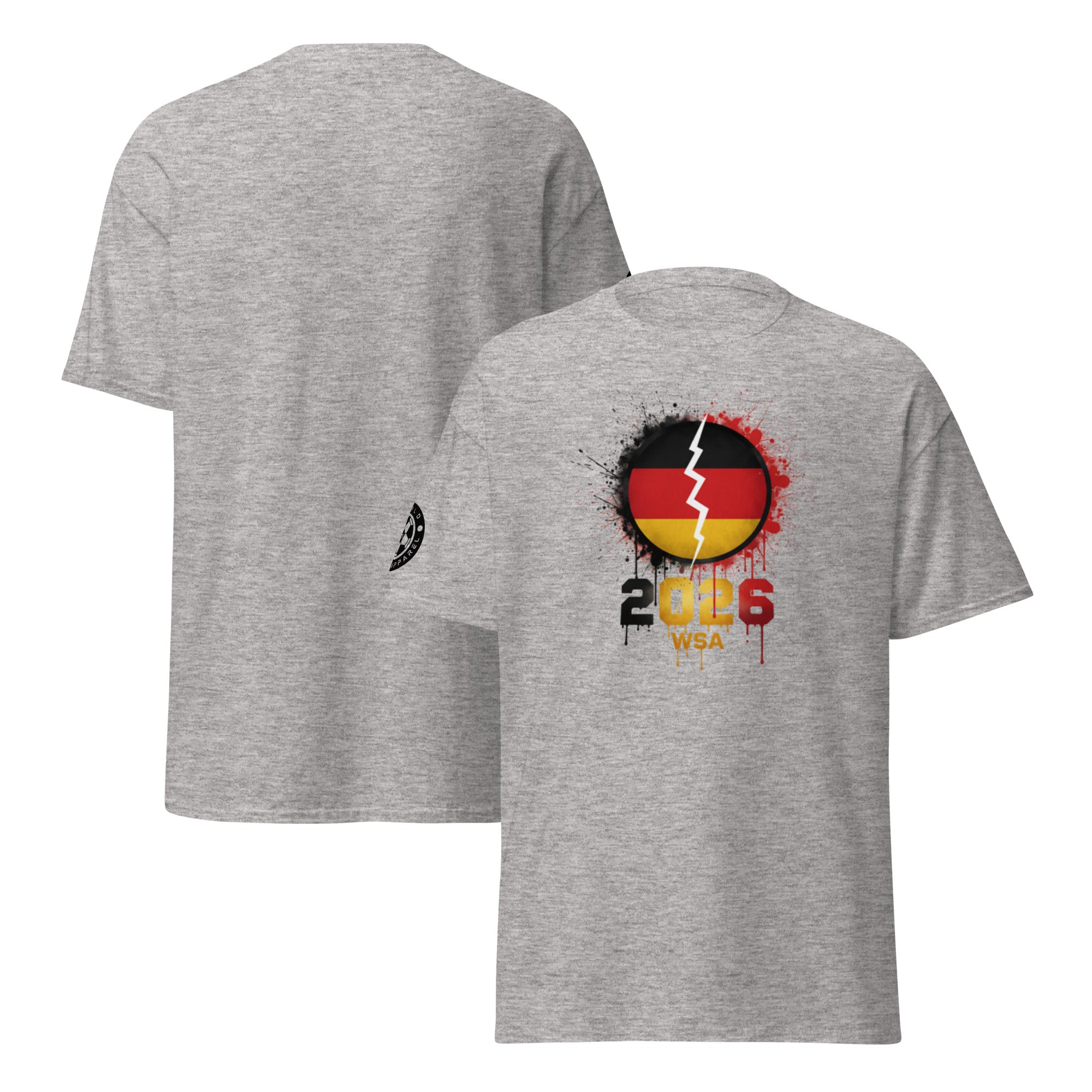 Gray t-shirt with a design featuring the number 2026 and a flag on the front, displayed from two angles.
