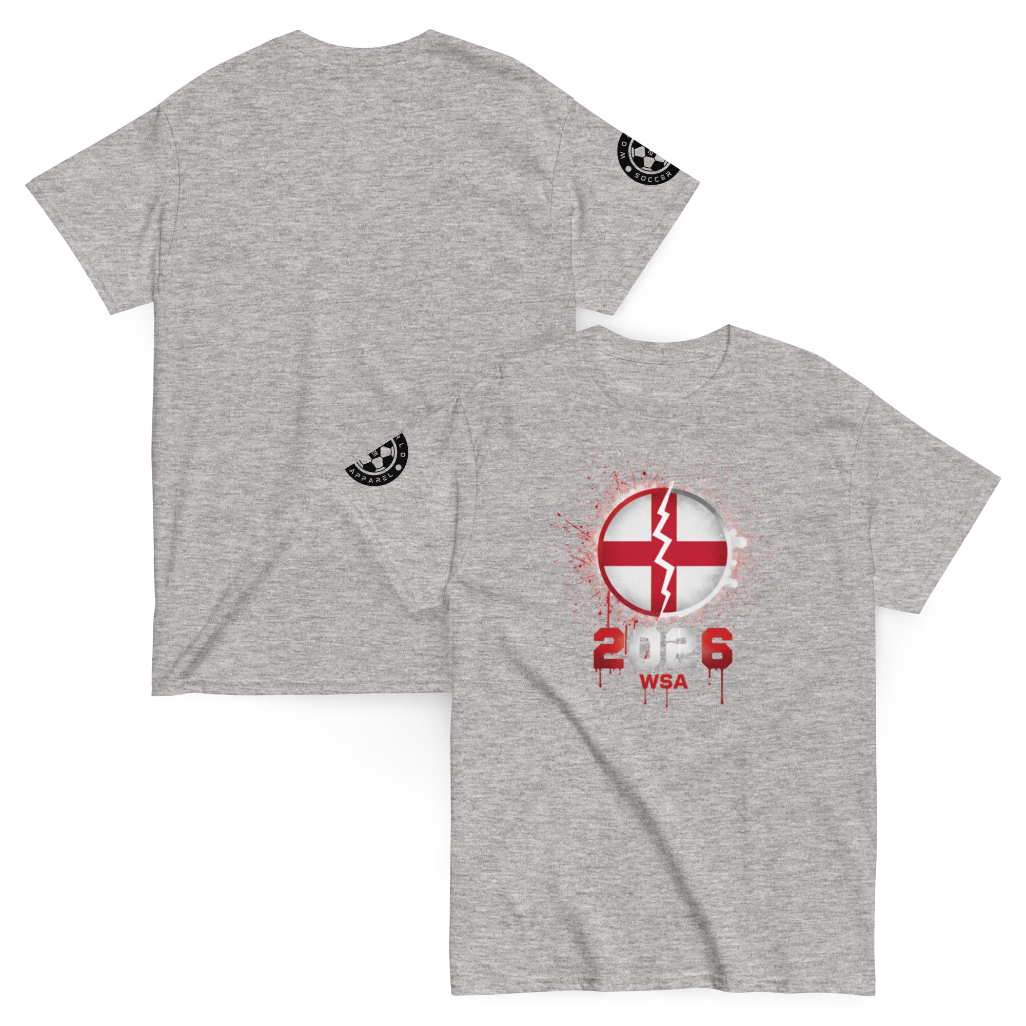 Gray t-shirt with red and white graphic design on a white background