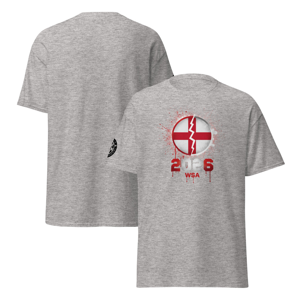 Gray t-shirt with red and white graphic design on the back, displayed from front and back views.