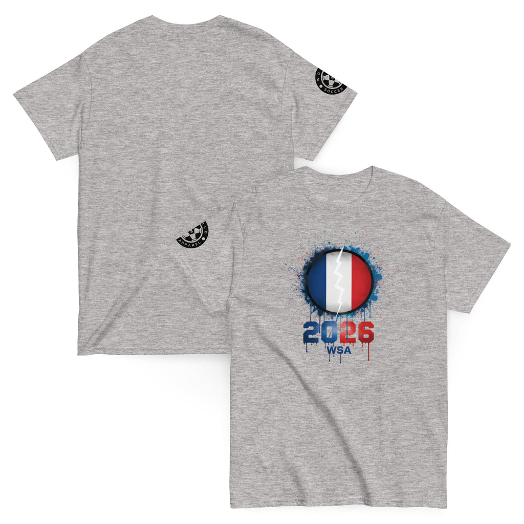 Gray t-shirt with a design featuring France's flag and '2026 WSA' text on a white background