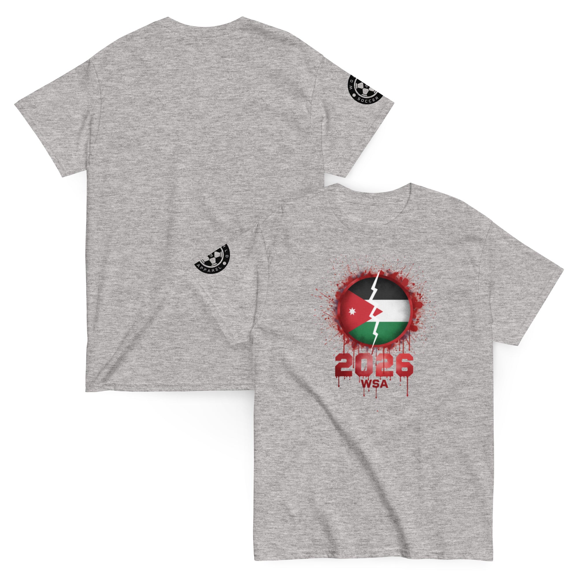 Gray t-shirt with a design on the front and back, featuring a flag and text.