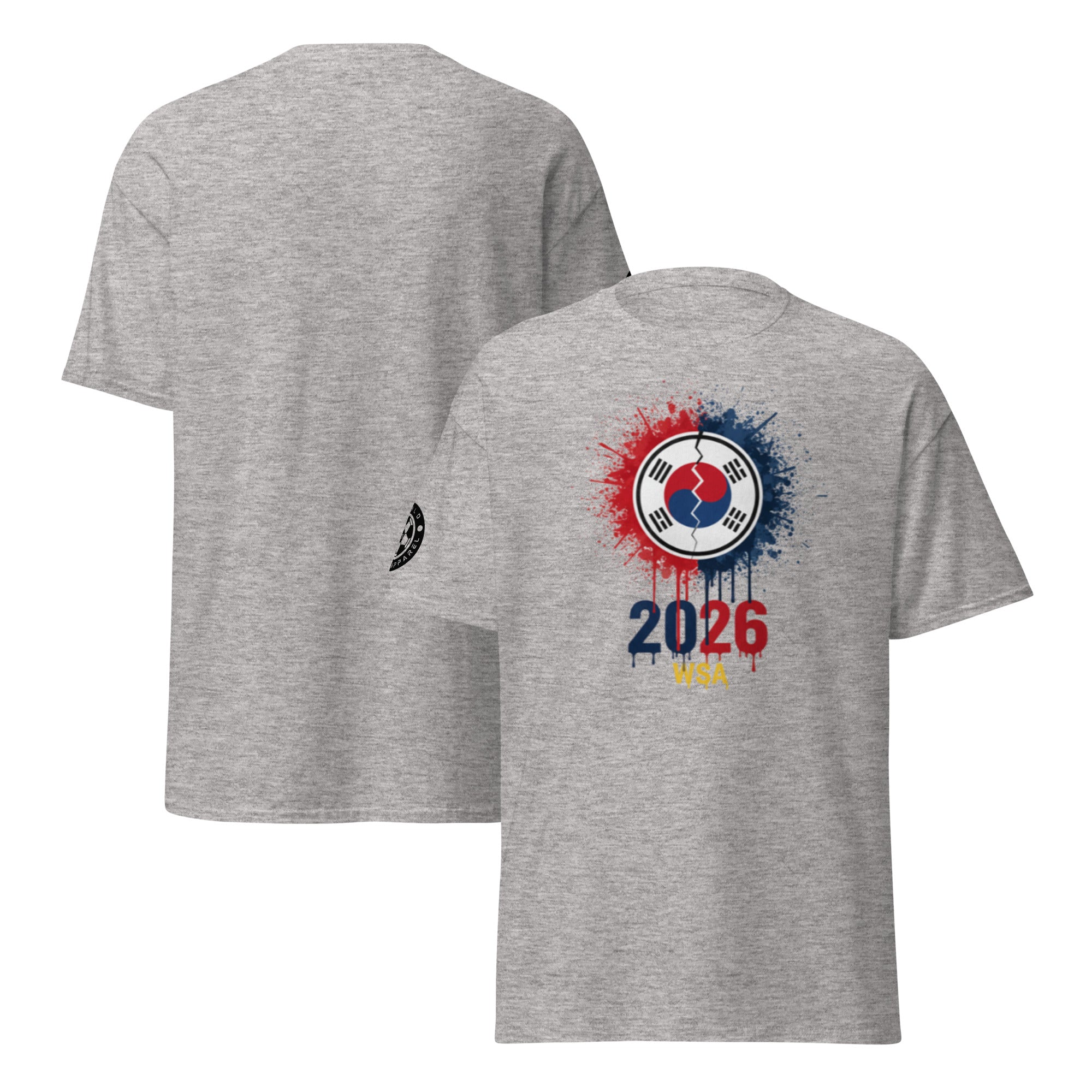 Gray t-shirt with a colorful design and '2026' text on a white background