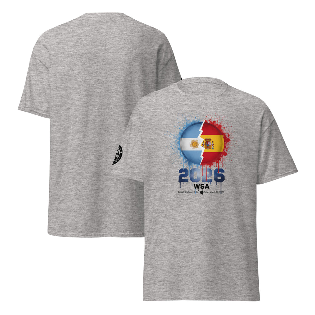 Gray t-shirt with a colorful design on the front, displayed from both front and back views.