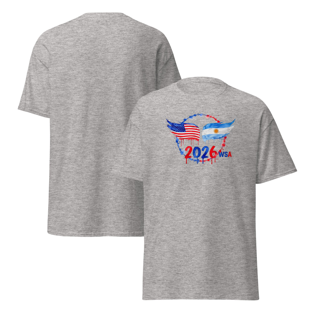 Gray t-shirt with a graphic design on the back featuring the American and Argentine flags, '2026', and 'WSA' text.