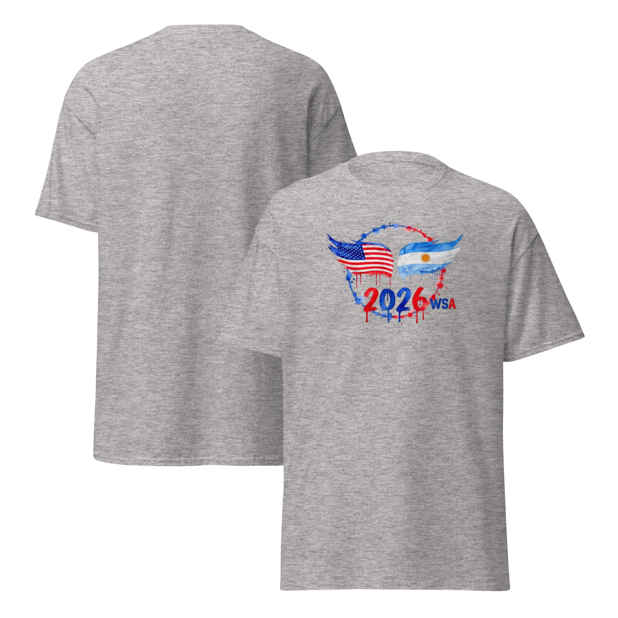 Gray t-shirt with a graphic design on the back featuring the American and Argentine flags, '2026', and 'WSA' text.