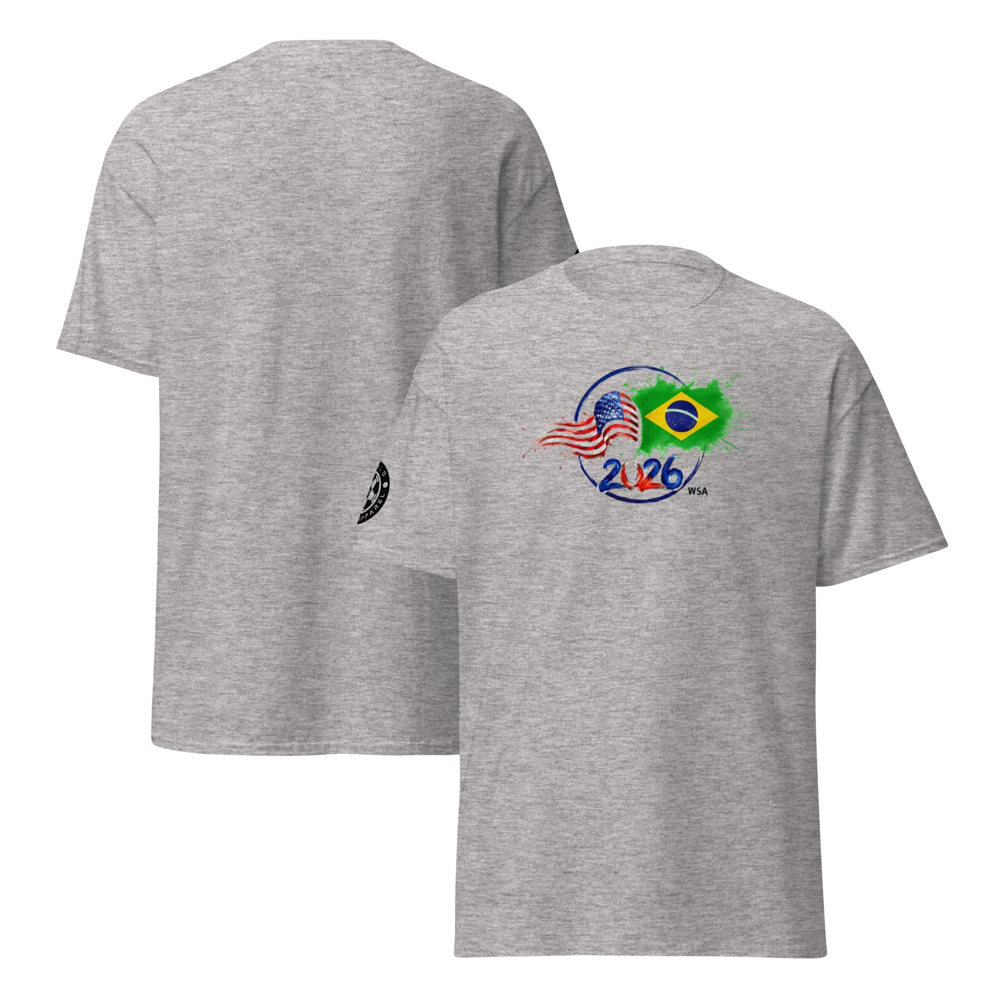 Gray t-shirt with a design on the front and back, featuring flags and numbers.