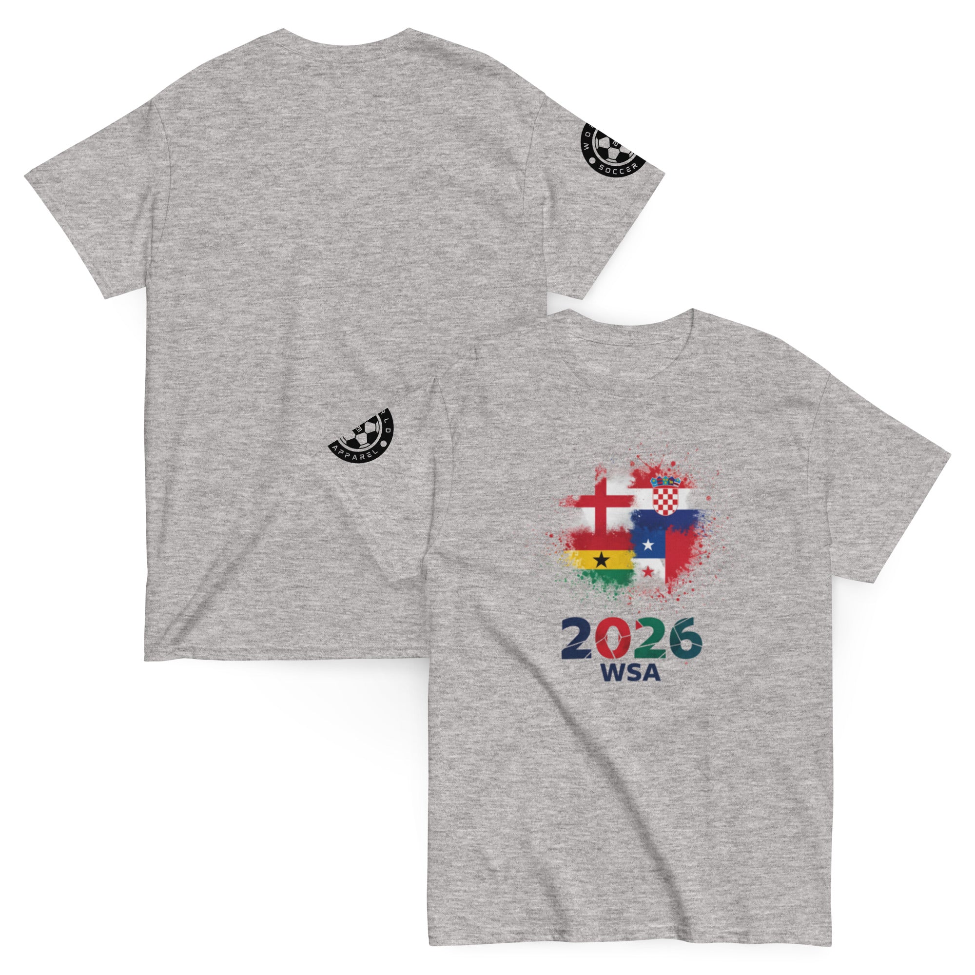 Gray t-shirt with colorful design and text on a white background