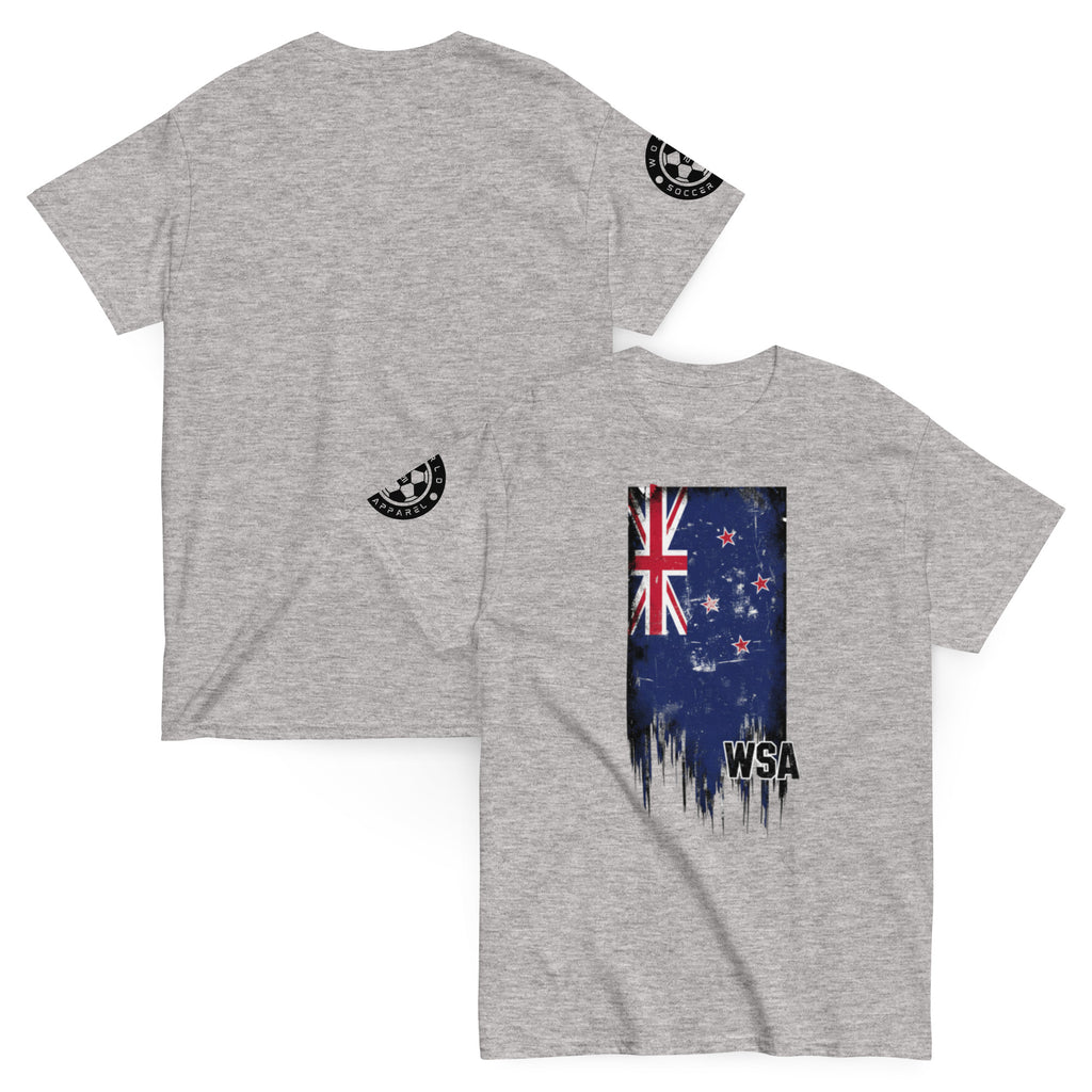 Gray t-shirt with New Zealand flag design on the front and logo on the back