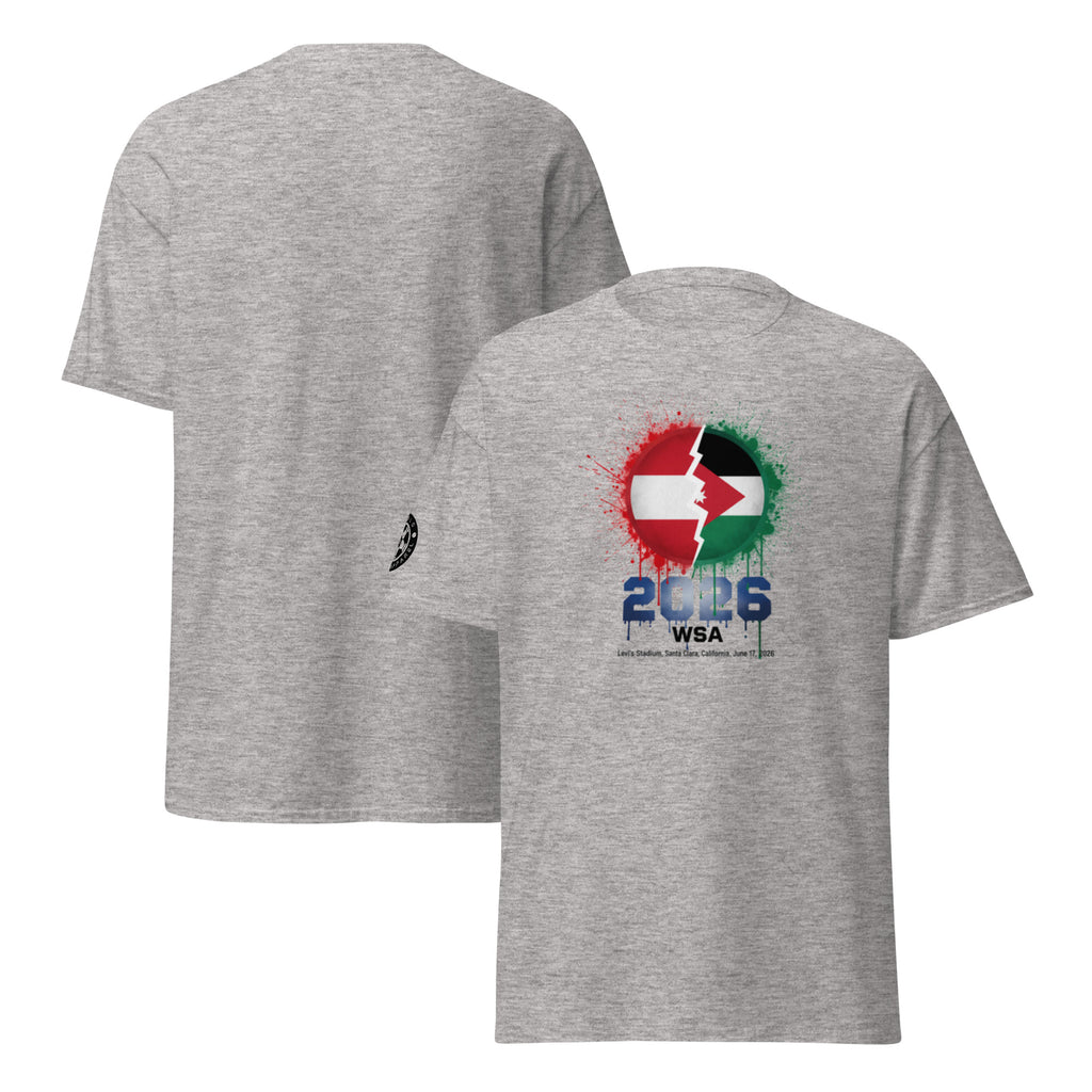 Gray t-shirt with a graphic design on the front and back, featuring colors and text.