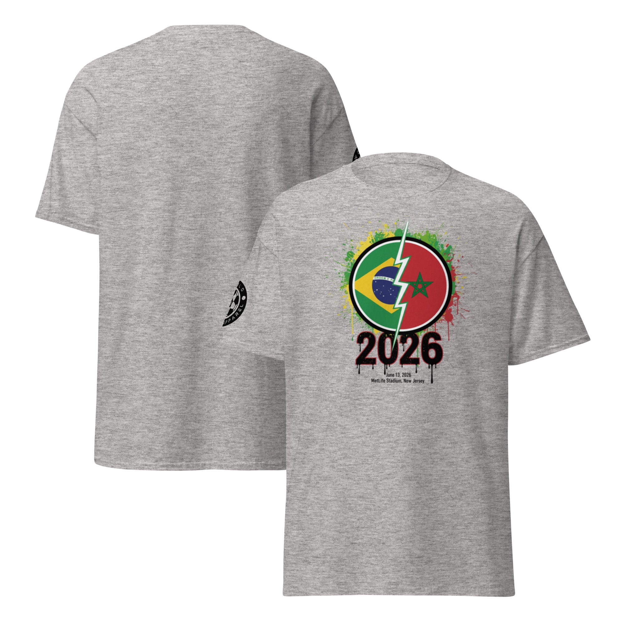 Gray t-shirt with a colorful design featuring the years 2026 and flags on the front, displayed from two angles.