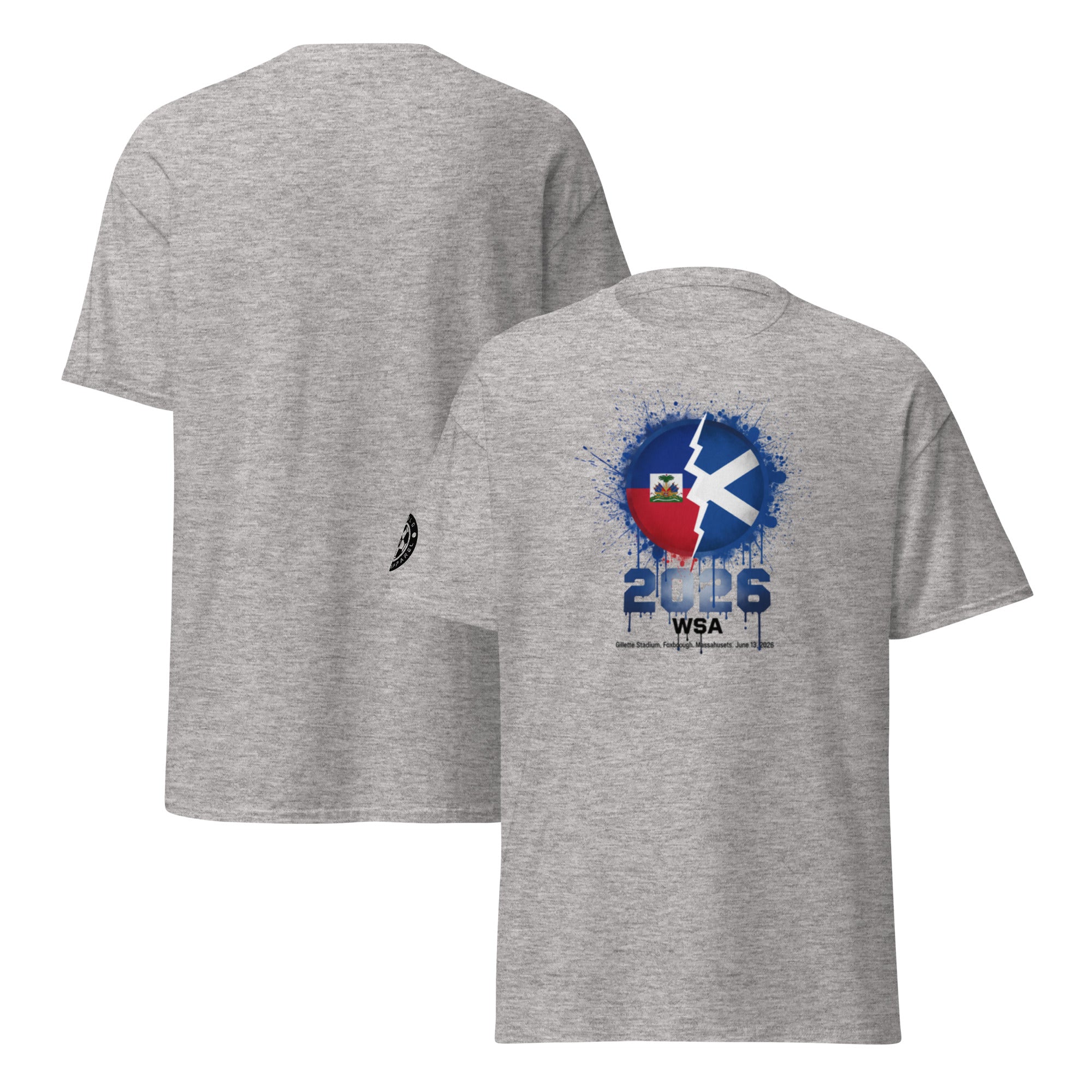 Gray t-shirt with a graphic design on the front and back, featuring the number 2016 and text.