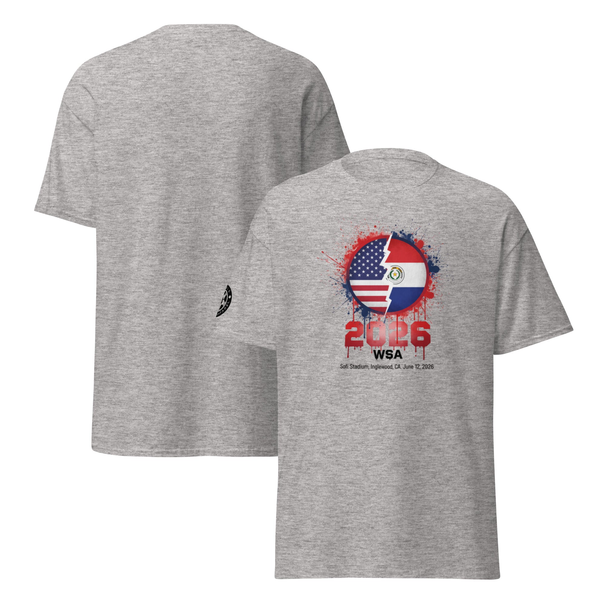 Gray t-shirt with a graphic design on the front and back, featuring an American flag and text.