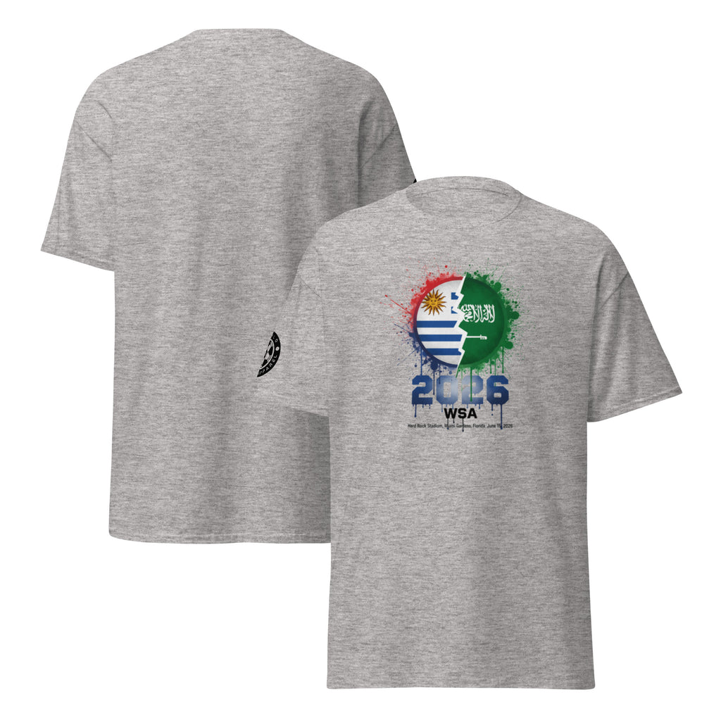 Gray t-shirt with colorful design on the front and back, featuring the number 2016 and text.