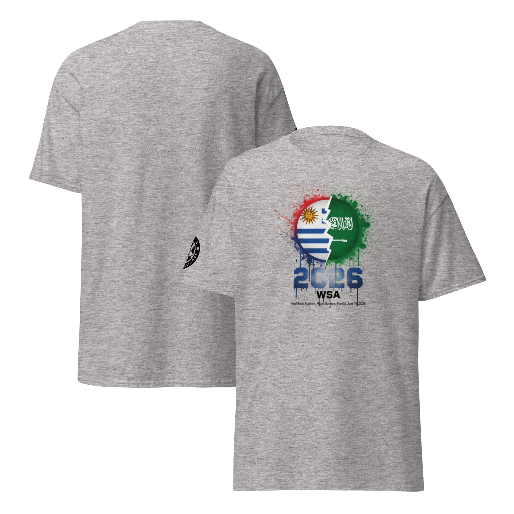 Gray t-shirt with colorful design on the front and back, featuring the number 2016 and text.
