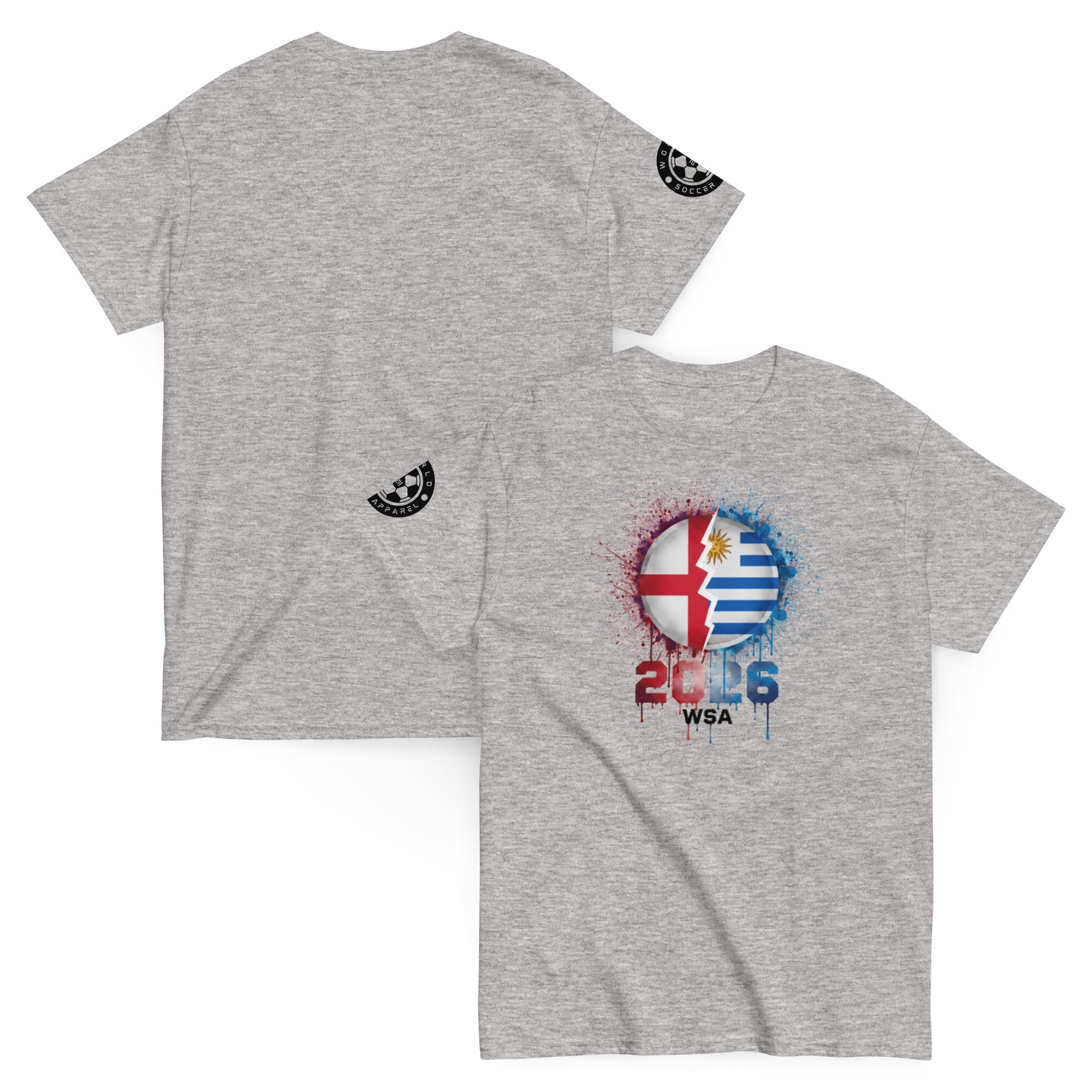 Gray t-shirt with a graphic design on the front and back, featuring a flag and '2026' text.