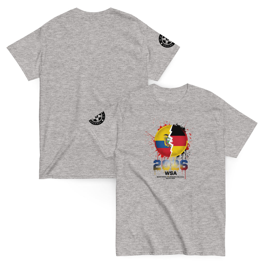 Gray t-shirt with a colorful design featuring two flags and the number 2023 on a white background.
