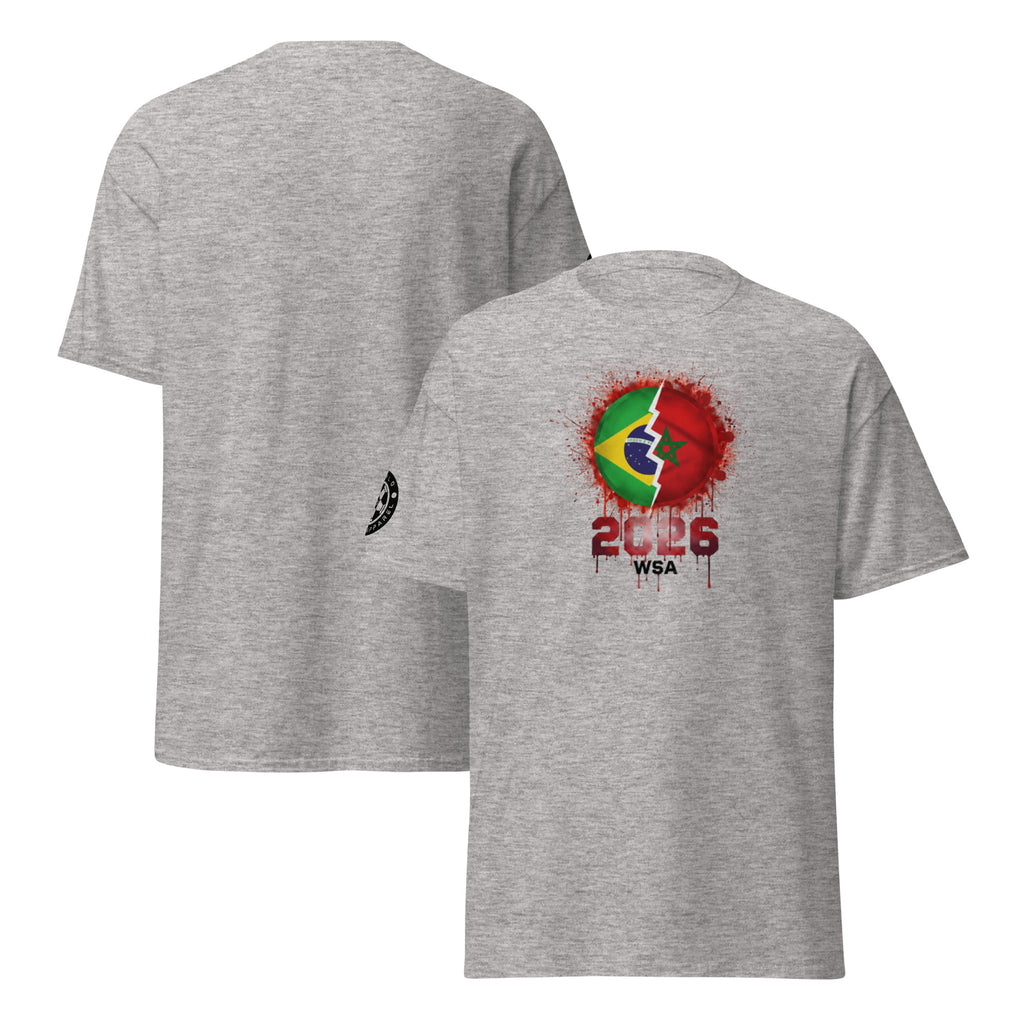 Gray t-shirt with a colorful design and text on the front and back